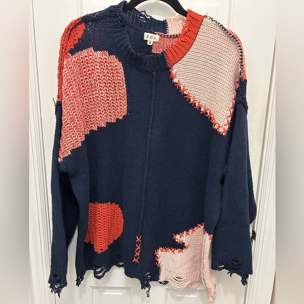 POL RED AND BLUE PATCHWORK SWEATER WITH INTENTIONAL DISTRESSING SIZE S OVERSIZED